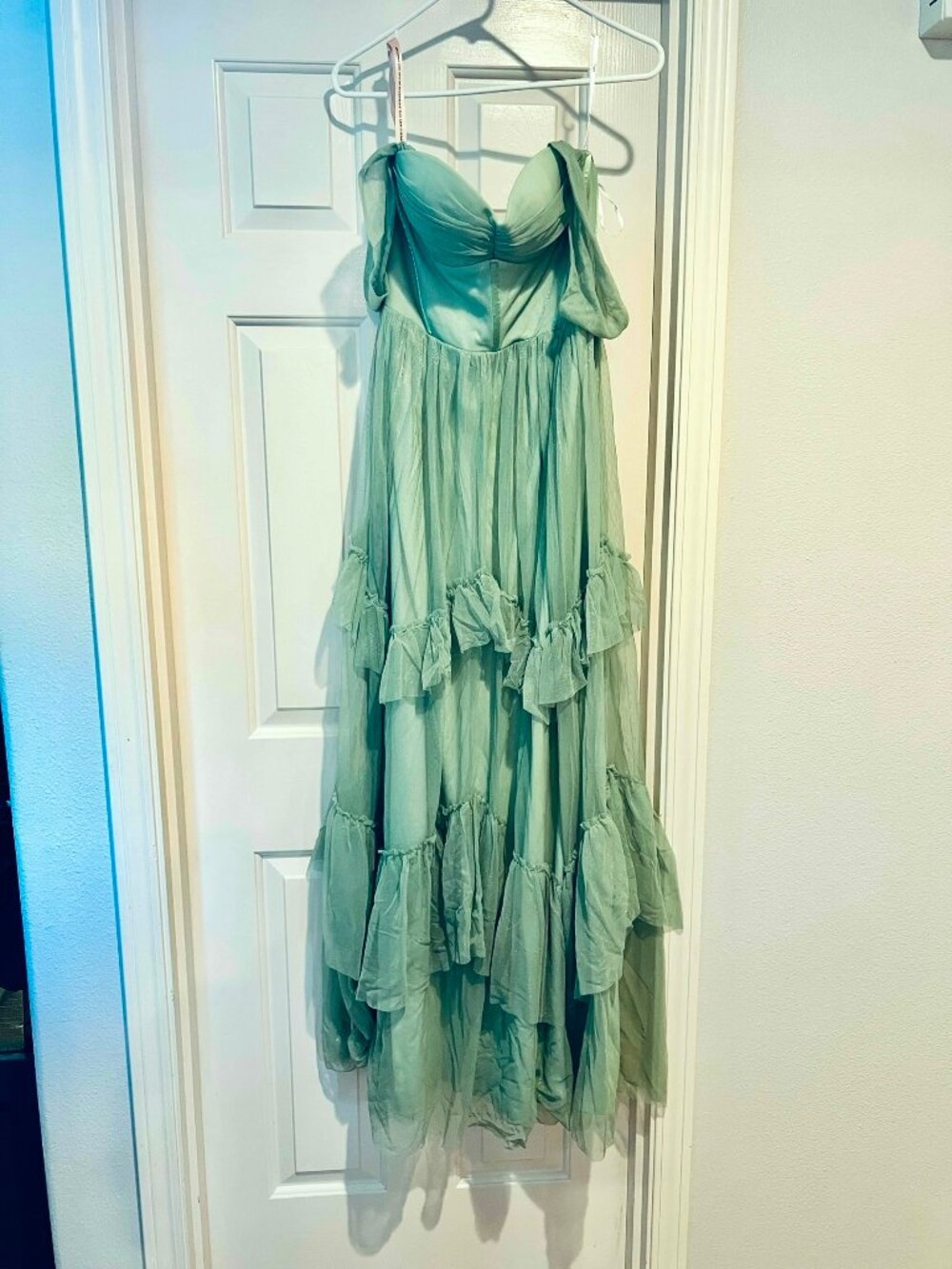 Lulus Stunning Personality Sage Green Mesh Off-the-shoulder Maxi Dress - Size L - Picture 3 of 4
